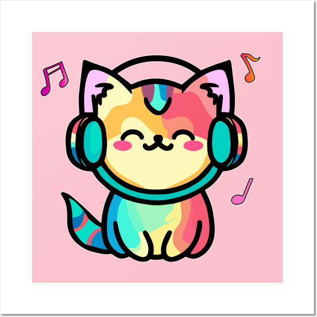 Happy smiling baby pussy cat with headphones. Kawaii cartoon Wall Art by SPJE Illustration Photography